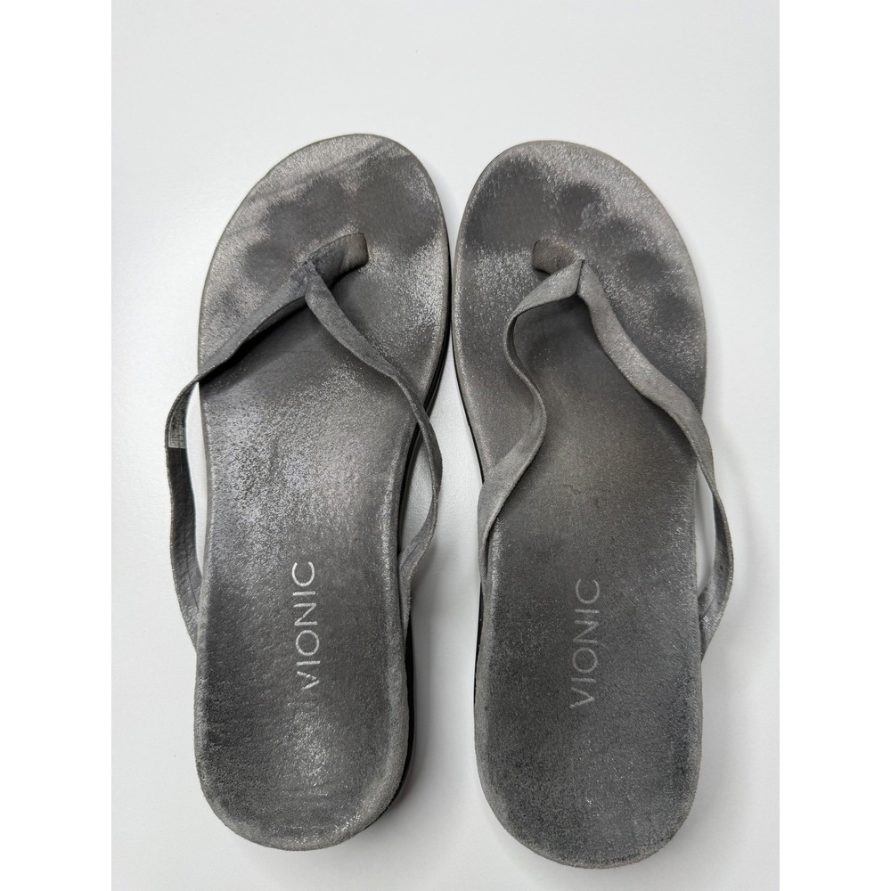 Vionic Selena Corfu Silver Pixel Sandals Women's 9 Orthaheel Suede Flip Flops